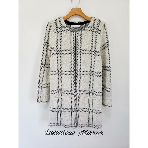 August Silk Windowpane Jacket Coat Ivory Black Hook And Eye Pockets Womens M New - Picture 3 of 9